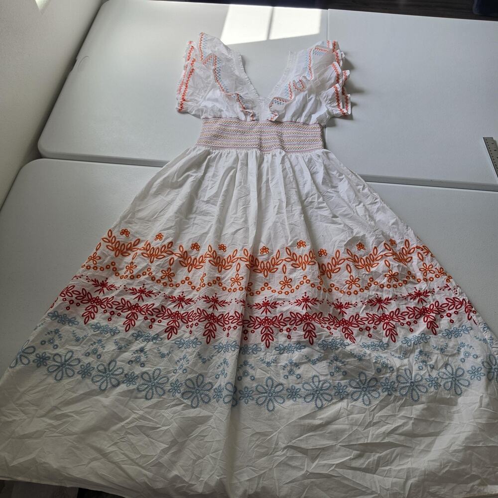 Something Navy Dress Womens M White Cotton Embroidered Smocked Maxi Sundress